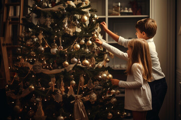 Fototapeta na wymiar Happy young kids decorating Christmas tree at home. Festive family time. Generative AI