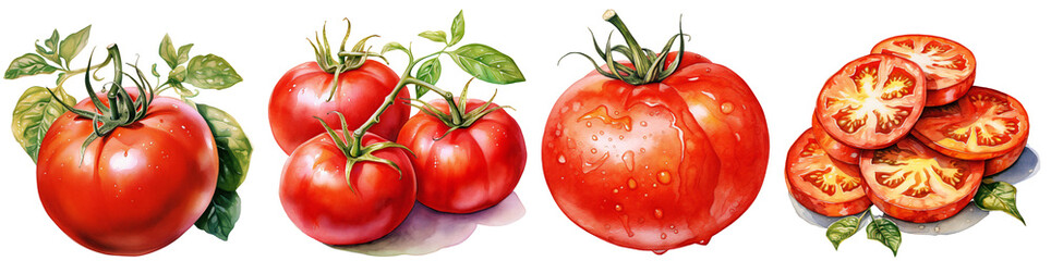 Set of drawn tomatoes. Watercolor tomatoes on a branch. Drawn tomato close-up. Chopped tomato. Isolated on a transparent background. KI.