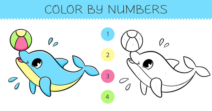 Color by numbers coloring book for kids with cute dolphin with ball. Coloring page with cartoon dolphin with an example for coloring. Monochrome and color versions.