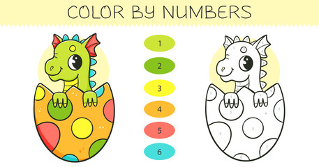 Color by numbers coloring book for kids with cute dragon in the egg. Coloring page with cartoon dragon with an example for coloring. Monochrome and color versions.