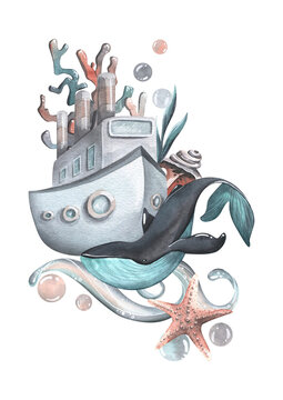 Steamboat with pipes, whale, coral, wave, algae, bubbles and starfish. Watercolor illustration, hand drawn. Marine isolated composition on a white background.