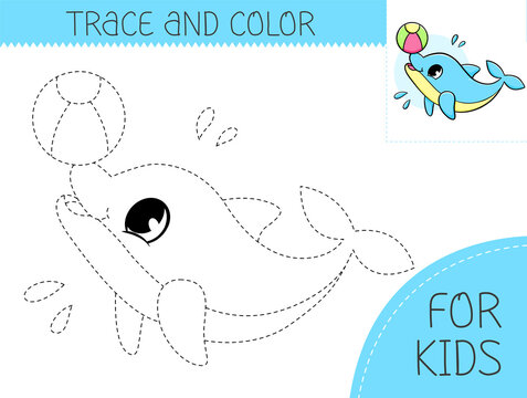 Trace and color coloring book with cute dolphin with ball for kids. Coloring page with cartoon dolphin. illustration for kids.