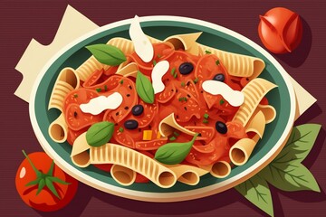 Tomato sauce pasta dish. Illustration. Generative AI