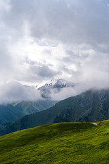 Fototapeta na wymiar cloudy weather in a mountain gorge. clouds over mountain peaks