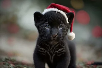 Foto op Plexiglas Adorable baby panther wearing a festive Santa hat. Generative AI © Eira