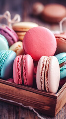 Colorful french macarons background, close up. Different colorful macaroons background. Tasty sweet color macaron