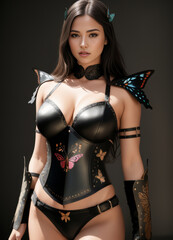 a woman in a black outfit lingerie with  butterflies  