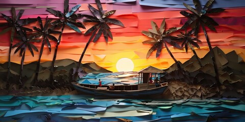 AI Generated. AI Generative. Sunset island tropical paradise palms sea ocean vacation boat sail poster. Oil draw paint paper watercolor graphic style. Palms trees and sail boat