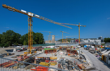 Cranes, large construction site, Stuttgart-21-grounds, Stuttgart, Baden-Wuerttemberg, Germany, Europe. - obrazy, fototapety, plakaty