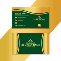 Green Gold Business Card Design With Construction Concept. Vector Illustration. Good For Construction Company, Property Business, Employee Identity, Corporate Identity etc.