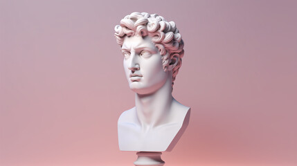 Head of David's statue, sculpture bust, 3d rendering style on pastel background..
