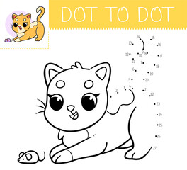 Dot to dot game coloring book with cat for kids. Coloring page with cute cartoon kitten. Connect the dots vector illustration.