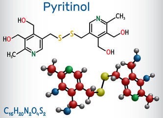 Pyritinol molecule, pyridoxine disulfide, cognitive drug. Сomponent of nootropic dietary supplements. Structural chemical formula, molecule model. Vector