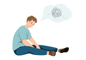 Young depressed male character  sits on the floor with tangled thoughts. The depressed adolescent has memory problems. Concept of mental disorder or illness. Vector illustration