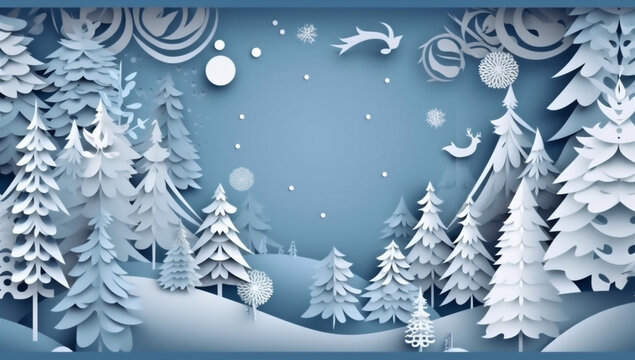 origami background art creative winter paper christmas blue tree snowflakes merry. Generative AI.