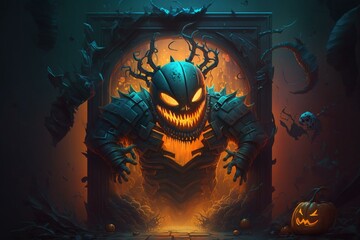 Halloween party with cyberpunk style, featuring Jack Pumpkinhead and ghost breakout through an infernal portal. 3D illustration. Generative AI