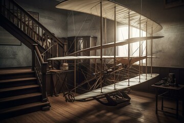 Illustration of the first airplane, the Wright Flyer, during testing. Historical aviation pioneer showcasing the invention of flight. Generative AI