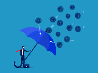 Prevent chaos problems. Businessman with umbrella protects from chaotic attacks. vector