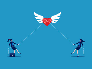Two businesswomen competing for a heart. The competition is trusted. vector illustration