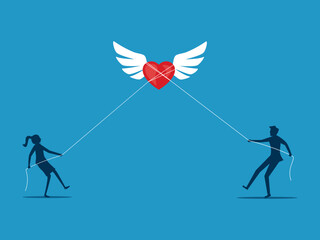 Two businessmen helping each other pull the heart. Psychological concept. vector illustration