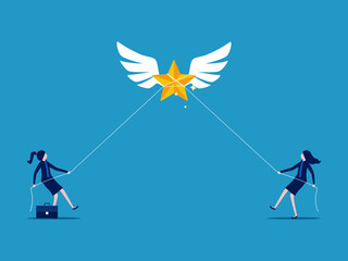 Two businesswomen help pull stars. The competition was successful. vector illustration