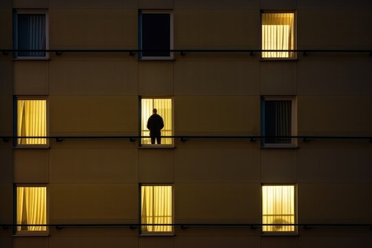 lonely man in backlit window of residential building, loneliness concept and epidemic
