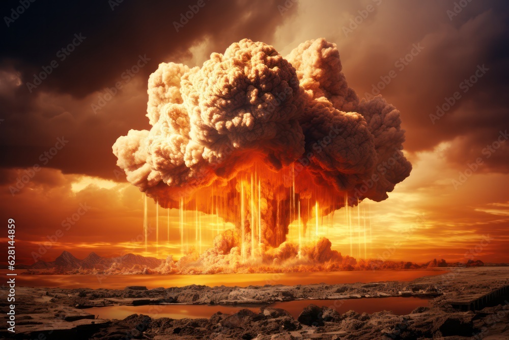 Poster apocalyptic devastation: nuclear bomb explosion decimates amidst fatal war.