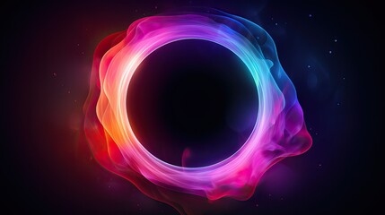 circle frame illuminated with neon light on dark background with colorful clouds.circle with colored smoke .
