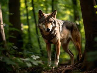 A full-length gray wolf stands in a summer forest