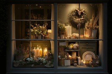 Cozy seasonal window display with candlelight. Generative AI