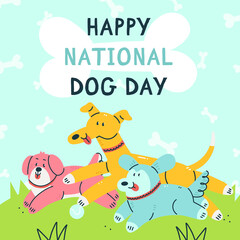 Happy national dog day greeting card design. Cute dogs playing in the park in cartoon style. cartoon illustration.