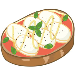 Set of delicious Open sandwich with fried filled with vegetables, meat, bacon. Vector in cartoon style