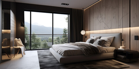 Interior of modern and cozy bedroom. Generative AI