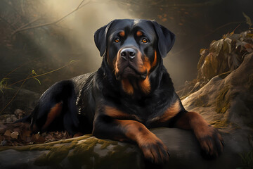 Rottweiler - originally from Germany, bred for herding and guarding. Known for being loyal, courageous, and protective (Generative AI) - obrazy, fototapety, plakaty