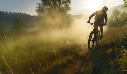 Obraz premium woman cycling dark sport summer walking forest leisure bike sunset bicycle. Generative AI.