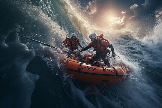 Photograph of people practicing adventure sports in challenging scenarios, conveying the emotion and personal overcoming provided by the practice of extreme sports, Generative AI