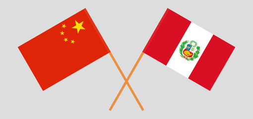 Crossed flags of China and Peru. Official colors. Correct proportion