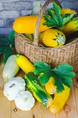 fresh zucchini and squash in a wicker basket