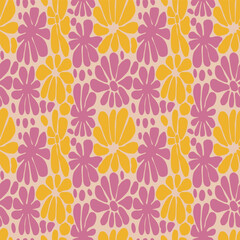 Creative flowers seamless pattern. Retro groovy floral background. Abstract stylized botanical wallpaper.