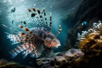 Naklejka na ściany i meble A red lionfish swims around rock reef. Generative AI