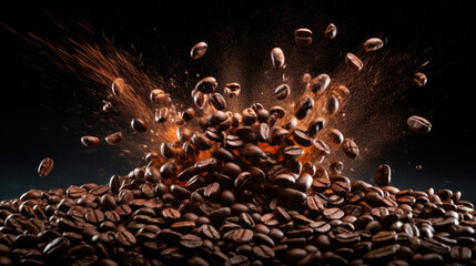 Roasted coffee beans fall on a pile of beans.