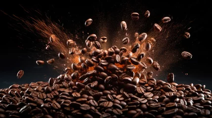 Roasted coffee beans fall on a pile of beans. © MP Studio