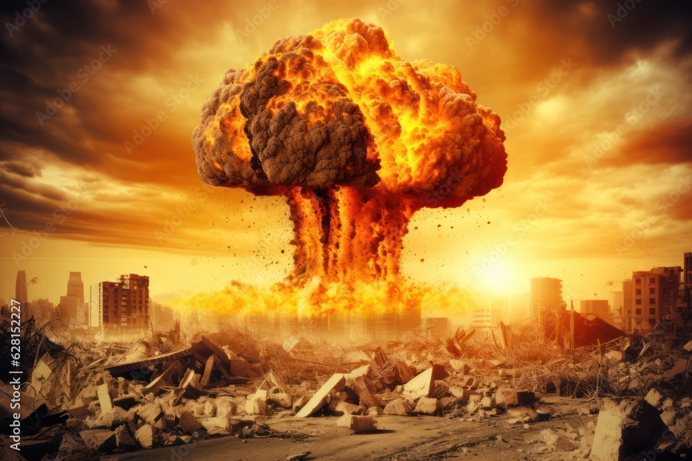 Poster apocalyptic nuclear explosion decimates megacity in fatal war. a chilling sight of destruction.