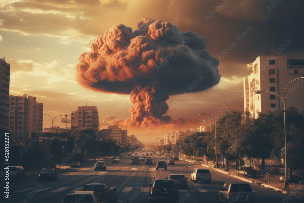 Poster Megacity decimated by nuclear explosion in fatal conflict. An appalling display of devastation.