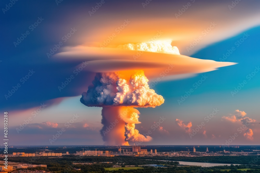 Poster unleashing devastation: nuclear blast obliterates megacity in fatal war. a tragic catastrophe.