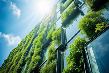 Fototapeta Eco-friendly building in the modern city. Sustainable glass office building with tree for reducing carbon dioxide. Office building with green environment. Corporate building reduce CO2. obraz
