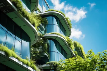 Wall murals Garden Eco-friendly building in the modern city. Sustainable glass office building with tree for reducing carbon dioxide. Office building with green environment. Corporate building reduce CO2.