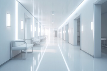 Empty hospital corridor in white. clean hospital corridor without people, nobody. Generative AI