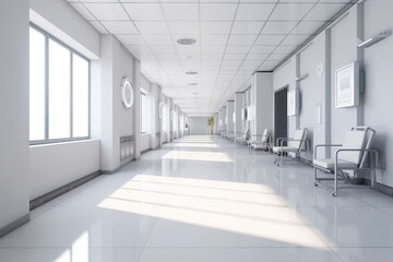 Empty hospital corridor in white. clean hospital corridor without people, nobody. Generative AI