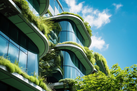 Fototapeta Eco-friendly building in the modern city. Sustainable glass office building with tree for reducing carbon dioxide. Office building with green environment. Corporate building reduce CO2.